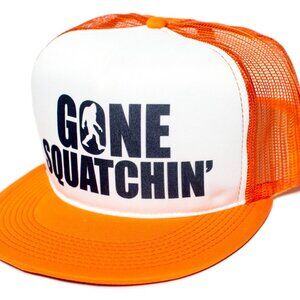 Gone Squatchin' Flat Funny trucker Cap Hat Big foot Orange/White